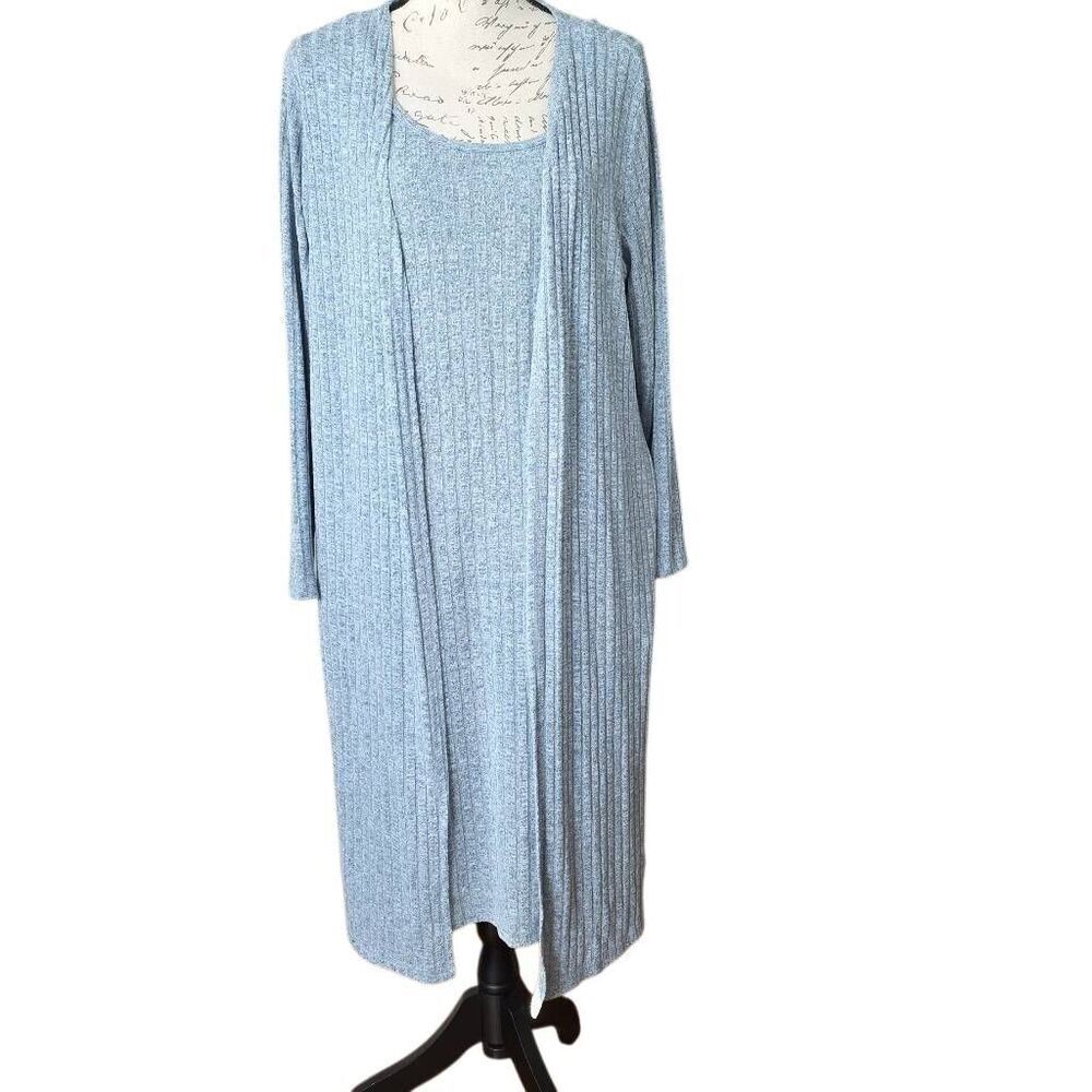 Ekouaer Women's Size Large Blue Marled Ribbed Lounge Dress and Cardigan Set